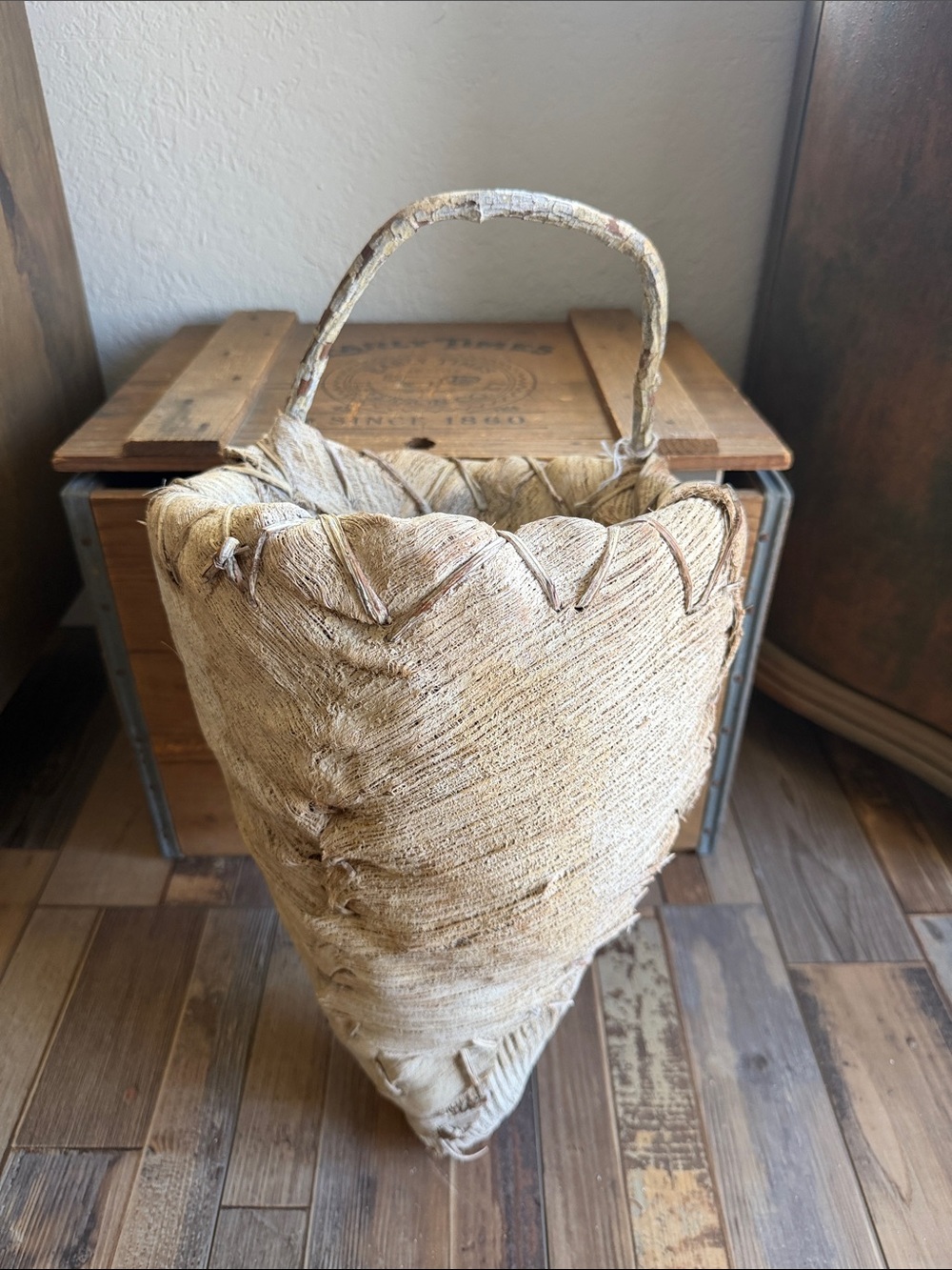 Organic Handmade Palm Frond Husk Wall Hanging Basket with Curved Branch Handle